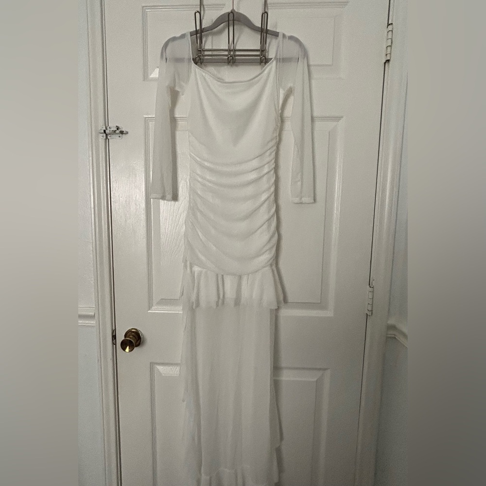 SHEIN White Long Sleeve Ruched Maxi Dress with Ruffle Hem
